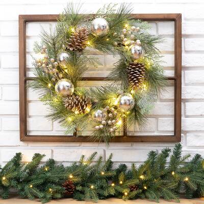 24"D Pre-Lit Ball Berry Holly Pinecone & Ornament Wreath with Brown Window Frame Set