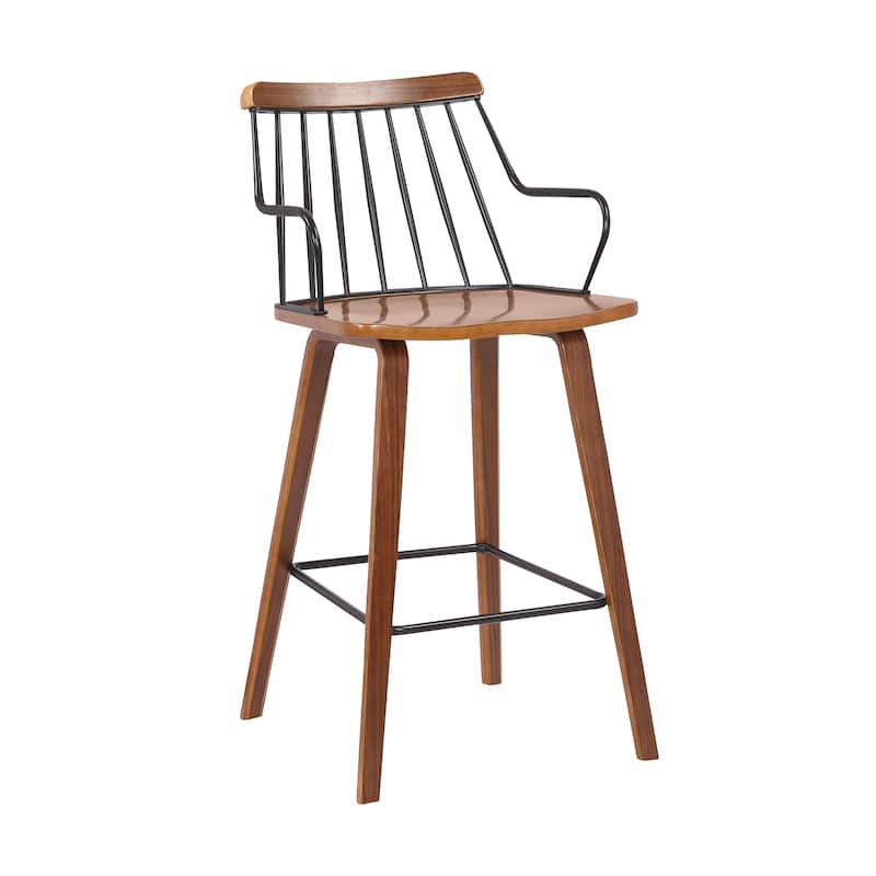 Micah 26" Walnut Wood and Black Metal Farmhouse Counter Stool with Arms