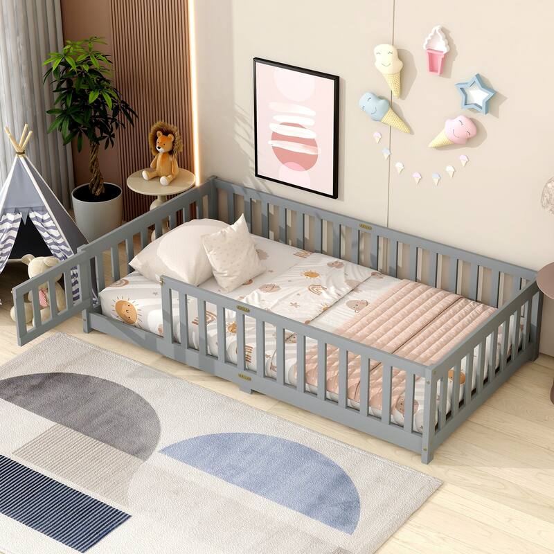 Twin Size Floor Bed with Fence and Door, Rubber Wood Floor Bed with Safety Guardrails - Grey