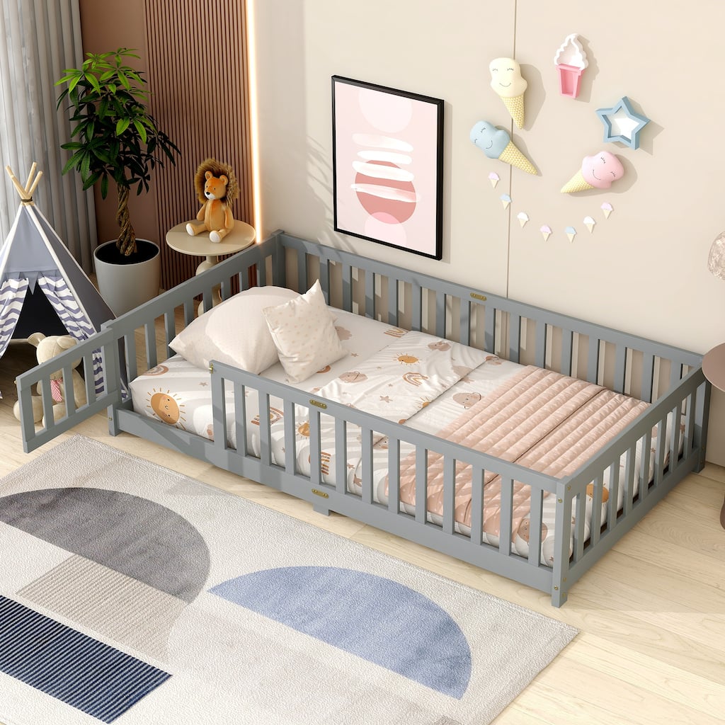 Twin Size Floor Bed with Fence and Door, Rubber Wood Floor Bed with Safety Guardrails