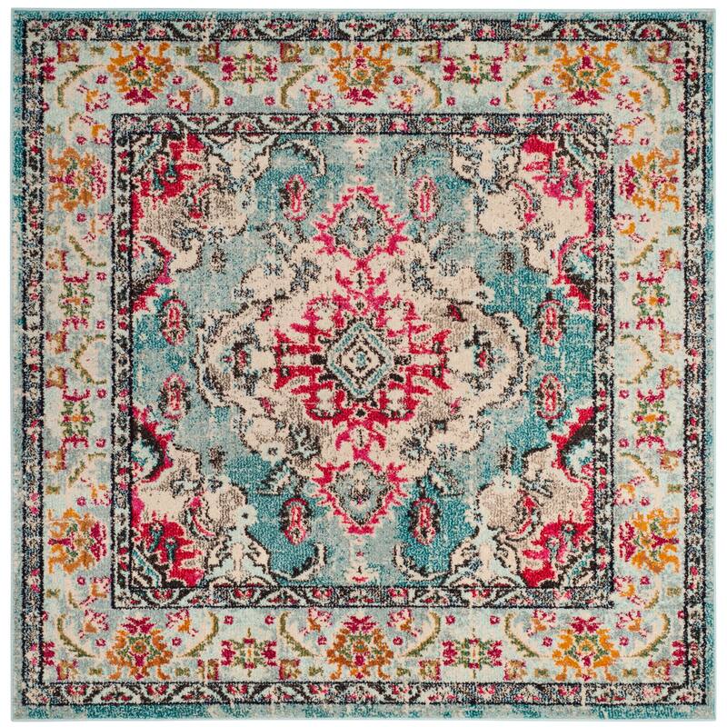 SAFAVIEH Monaco Oceane Boho Medallion Distressed Area Rug - 5' Square - Light Blue/Fuchsia