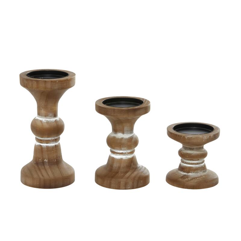 Wood Short Distressed Turned Candle Holder - Set of 3 Brown or White - Roche River Decor