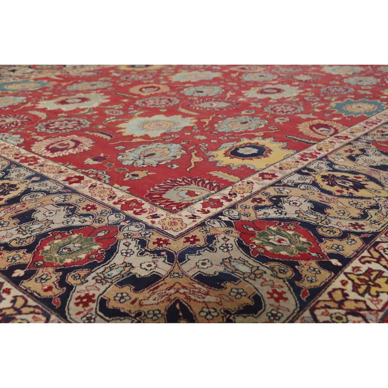 Hand Knotted Oriental 100% Wool Carpet Traditional All-Over Red Tabriz Area Rug - 13' 6'' X 10' 2''