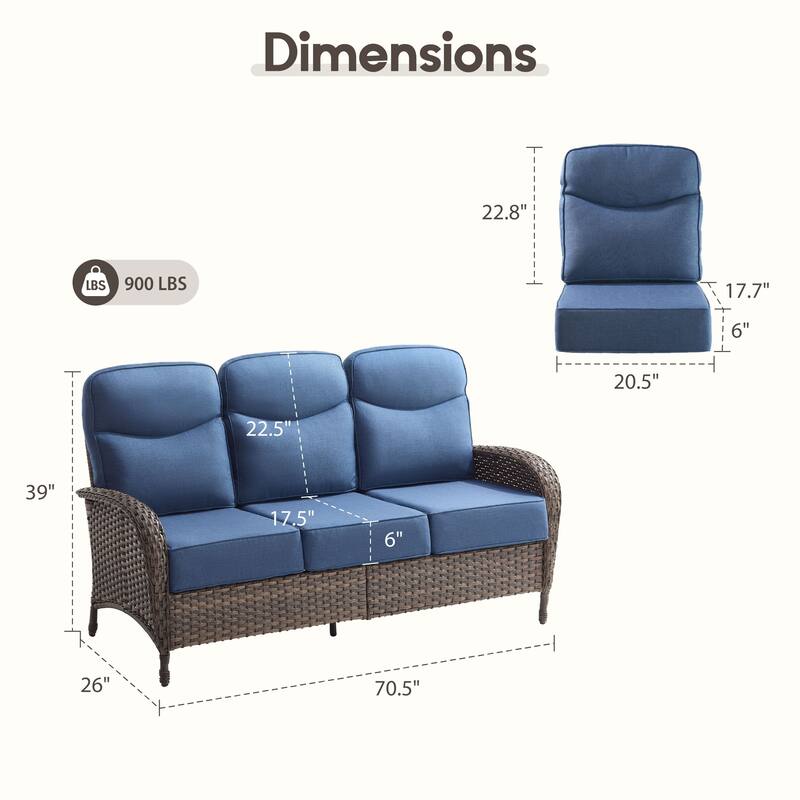 Meyreso 3-Seat Handwoven Wicker Patio Sofa with 6-Inch Thick Cushions
