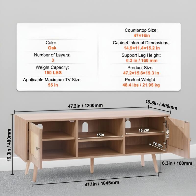 Mid Century Modern Rattan TV Console for Living Room and Media Room