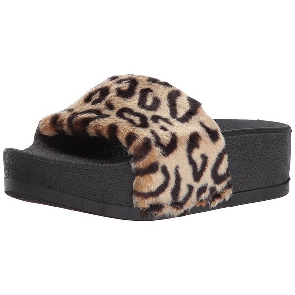 Steve Madden Womens Softey-P Faux Fur Open Toe Casual Platform Sandals