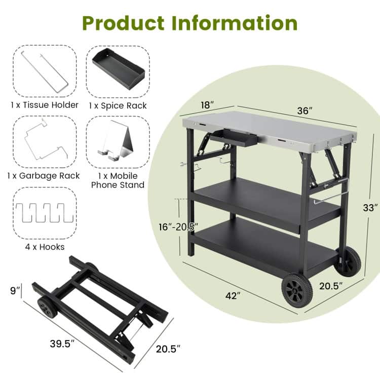 3 Tiers Foldable Outdoor Cart on 2 Wheels with Phone Holder-Black - 42" x 20.5" x 33" (L x W x H)