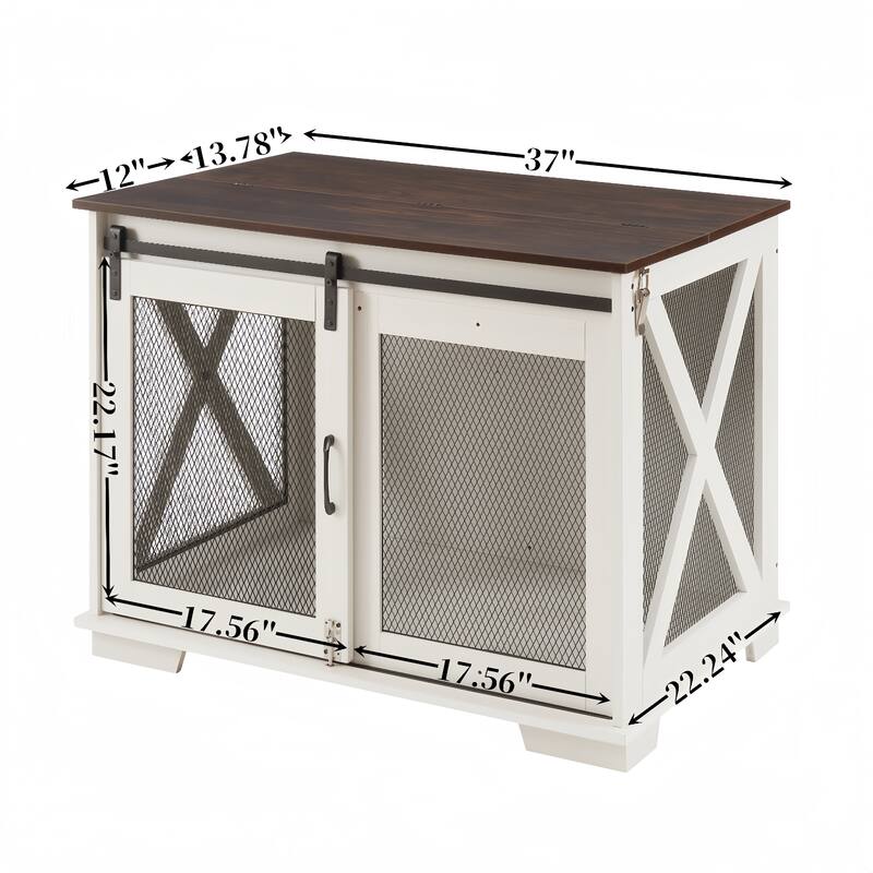 Wooden Dog Crate Furniture, Dog Kennel End Table with Sliding Barn Door, Dog Cage with Flip-top Plate & Detachable Divider