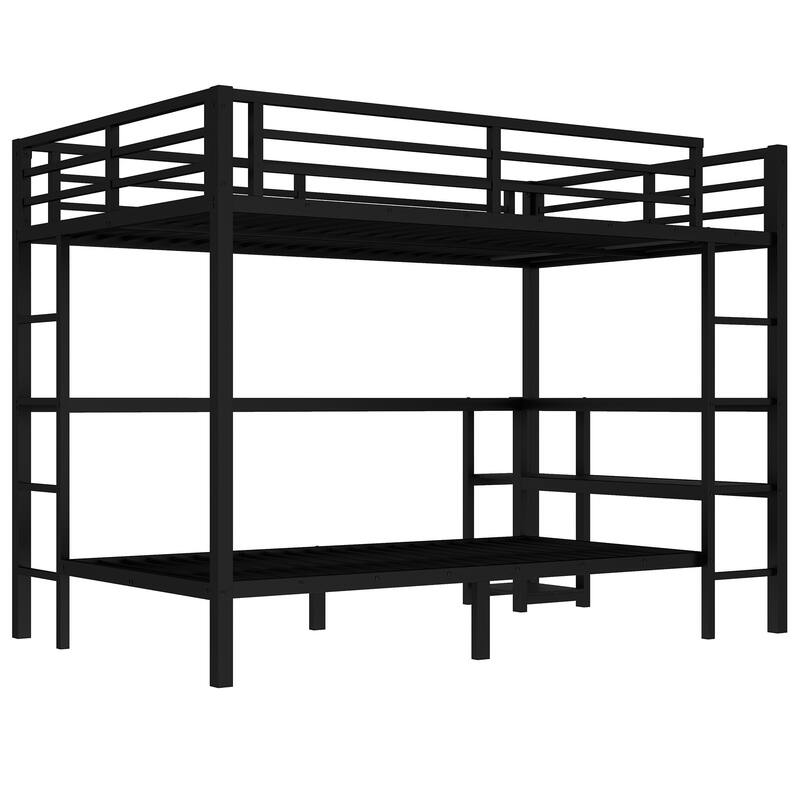 Roomfitters Full Over Twin Metal Bunk Bed with Desk & Shelves, Multiple Placement Design, LED Lighting & USB Ports, Black