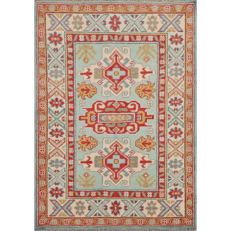 Turquoise Blue Kazak Oriental Accent Rug Hand-Knotted Wool Carpet - 2'9" x 3'11"