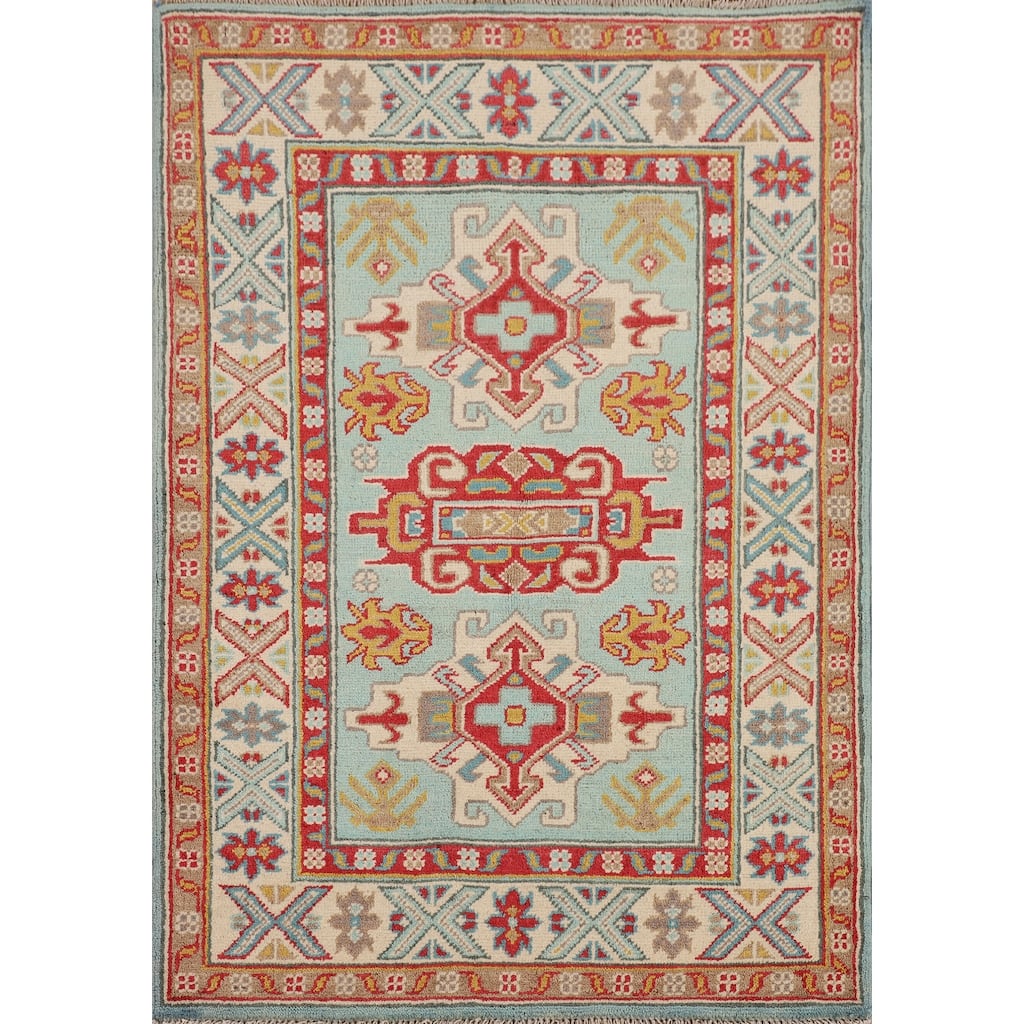 Turquoise Blue Kazak Oriental Accent Rug Hand-Knotted Wool Carpet - 2'9" x 3'11"