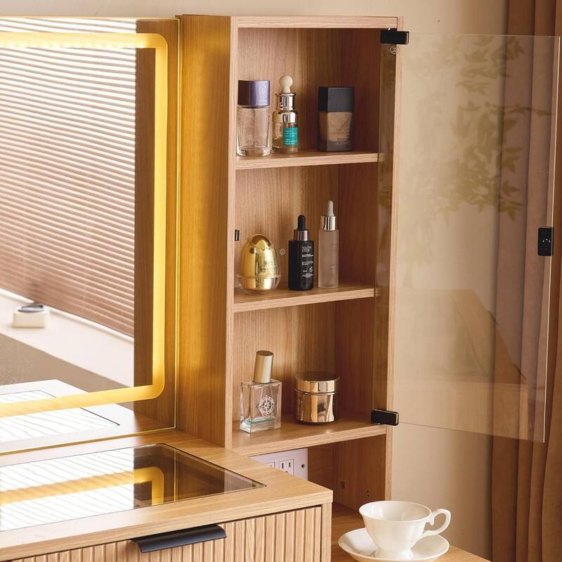 Fluted Makeup Vanity Desk with LED Lights & Outlet, 5 Drawers, 3 Light Modes