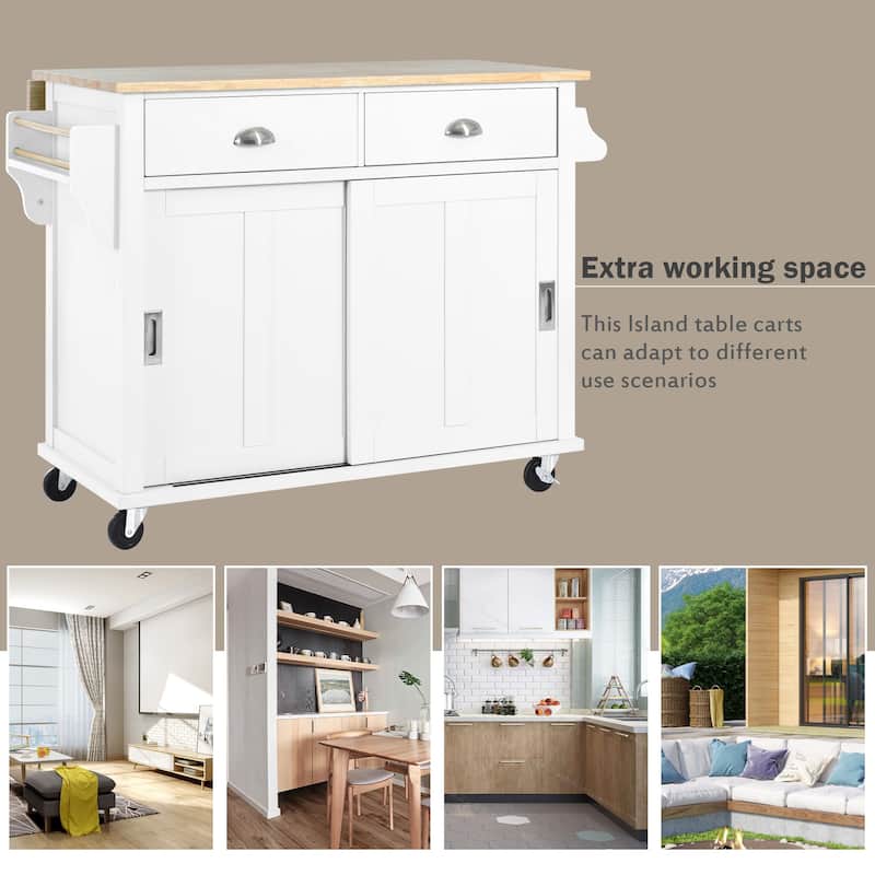 Wood Folding Kitchen Island on Wheels with Adjustable Shelf Storage Cabinet and 2 Drawers, Concealed Sliding Barn Door