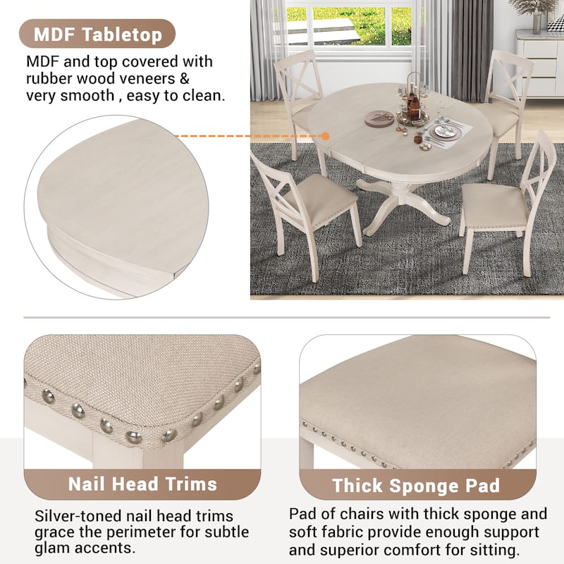 5 Piece Wood Dining Table Set, Kitchen Dining Table Set with Extendable Round Dining Table and 4 Chairs with Backrest