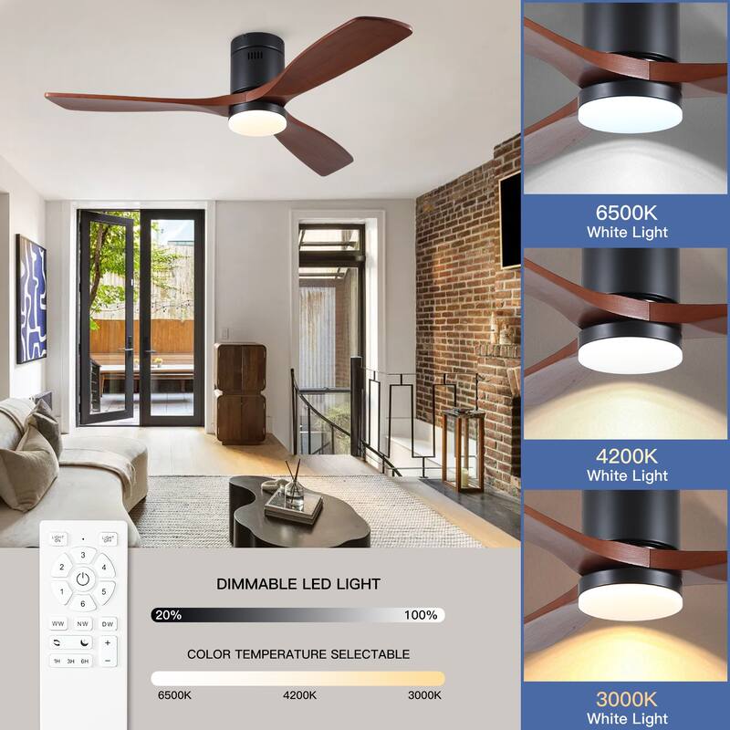 52In. Farmhouse Indoor Flush Mount Low Profile Ceiling Fan with Solid Wood Blades and Remote Control
