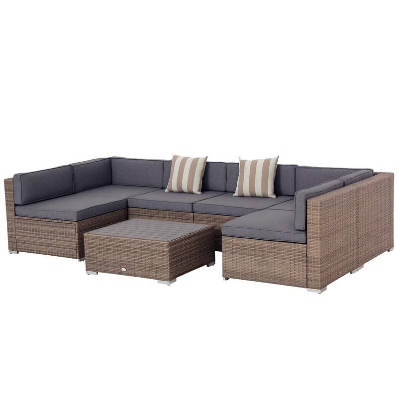 Outsunny 7-Piece Outdoor Wicker Patio Sofa Set, Modern Rattan Conversation Furniture Set with Cushions & Table