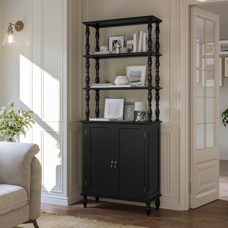 77" Tall Bookshelf with Cabinet, Freestanding Storage Cabinet