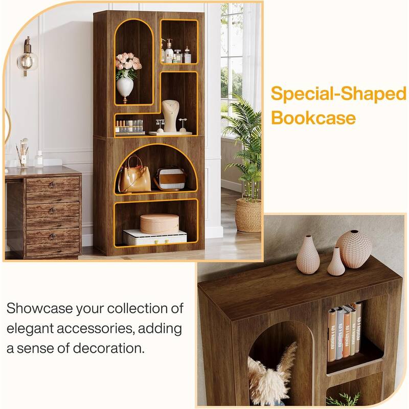 70” White Wood Bookshelf with 5 Storage Shelves for Living Room