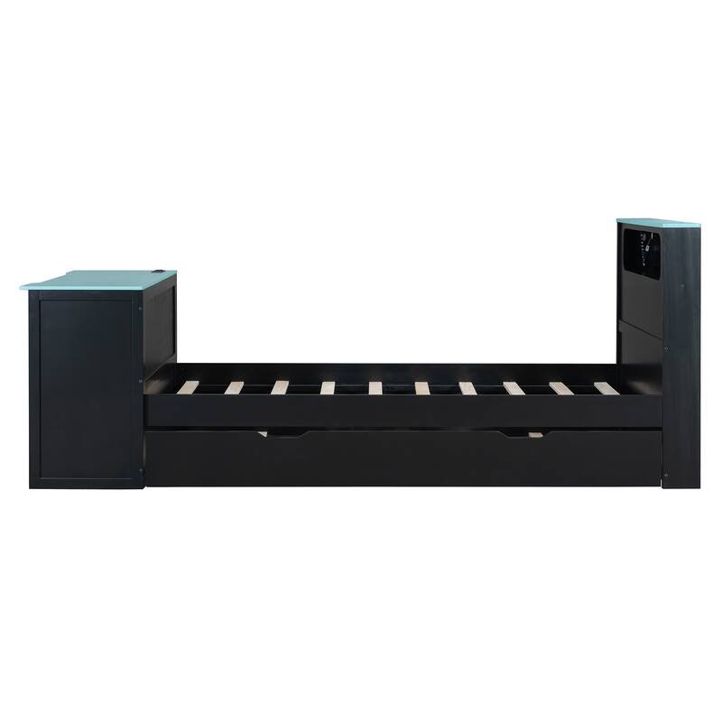 Wood Daybed with Trundle & Built-in Desk, LED Lights & USB Charging Port, Available in Full or Twin