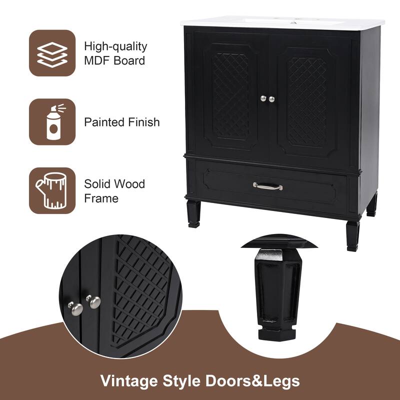 Roomfitters 30" Vintage Style Bathroom Vanity with Ceramic Sink, Customizable Storage Drawer and Soft-Close Door