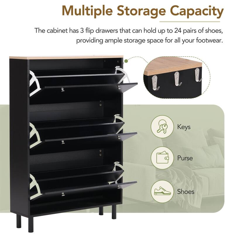 Merax Narrow Design Shoe Cabinet with 3 Flip Drawers, 3 Hooks