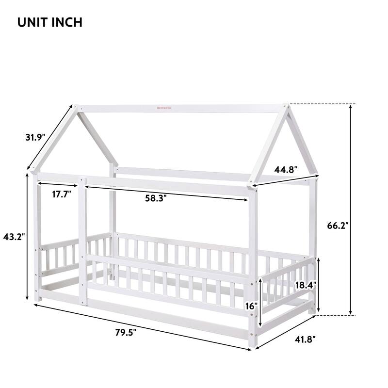 Full/Twin Size Wooden Bed with House Roof Frame and Fence Guardrails