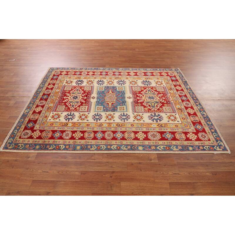 Geometric Kazak Oriental Area Rug Hand-Knotted Grey Wool Carpet - 4'10" x 6'5"