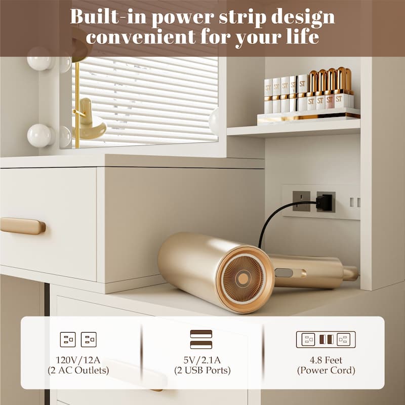 XINMICS Makeup Vanity Dressing Table, Vanity Desk with Mirror and Lights and Charging Station with 7 Drawers & 3 Cabinets