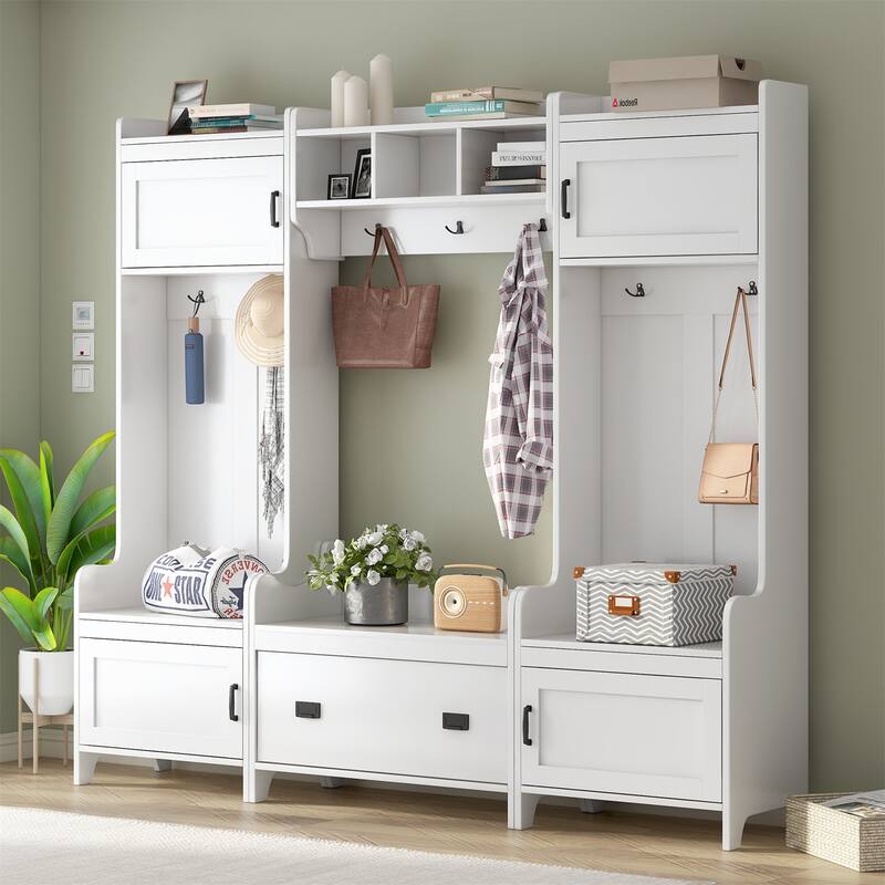 Entryway Coat Rack Shoe Bench Set, Hallway Coat Rack with Storage Drawer Industrial Hall Tree Coat Shoe Rack