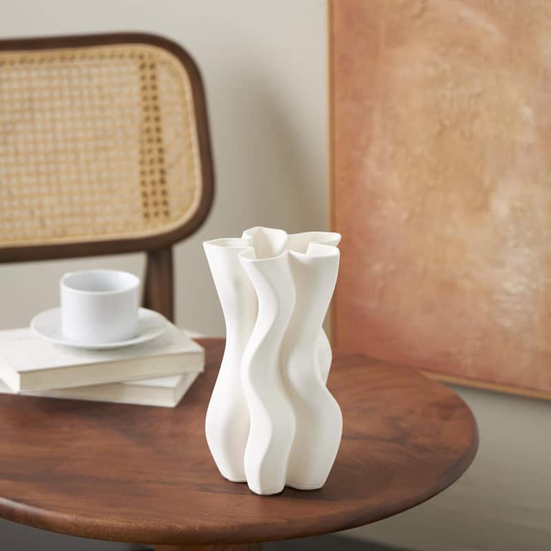 Ceramic Abstract Ribbed Dimensional Wavy Decorative Vase with Floral Shaped Rim - White - Roche River Decor