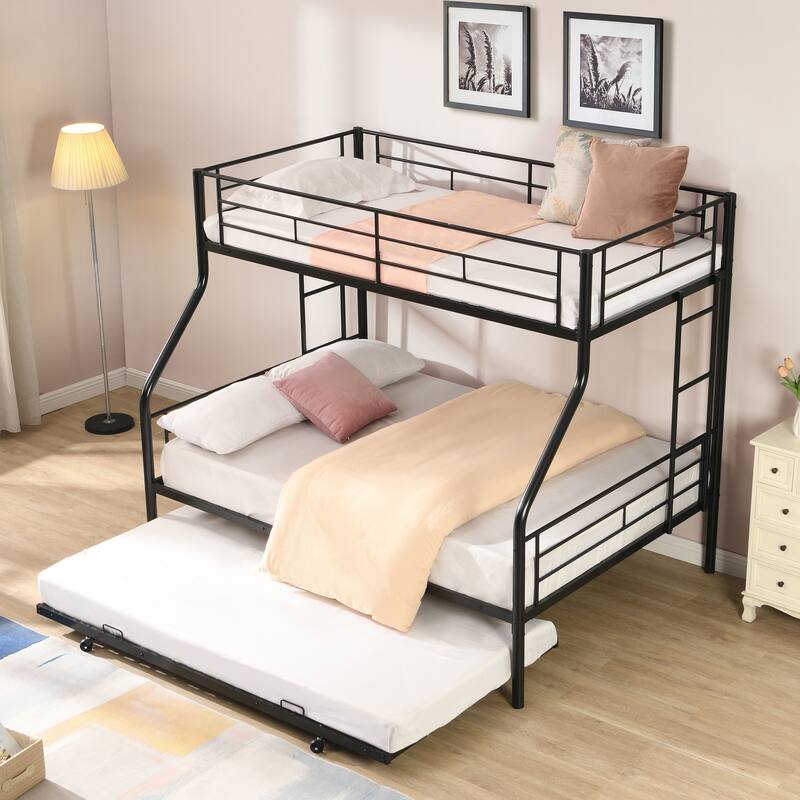 Twin Over Full Triple Bunk Beds with Trundle, Metal Bunkbeds w/Ladder & Full-Length Guardrail, Noise Free, No Box Spring Needed