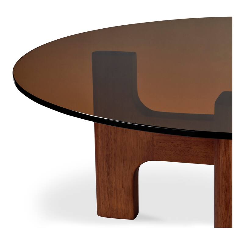 NADAAL STUDIOS Thea Coffee Table, Oval Amber Tempered Glass Top, Rubber Wood Legs, Amber
