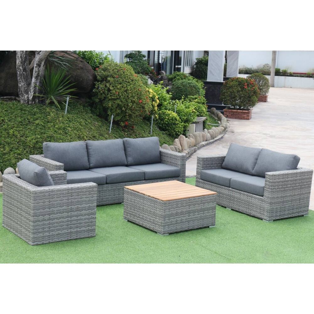 Miami 4-Piece Patio Seating Rattan Wicker Conversation Set With Olefin Cushions And Coffee Table - Grey