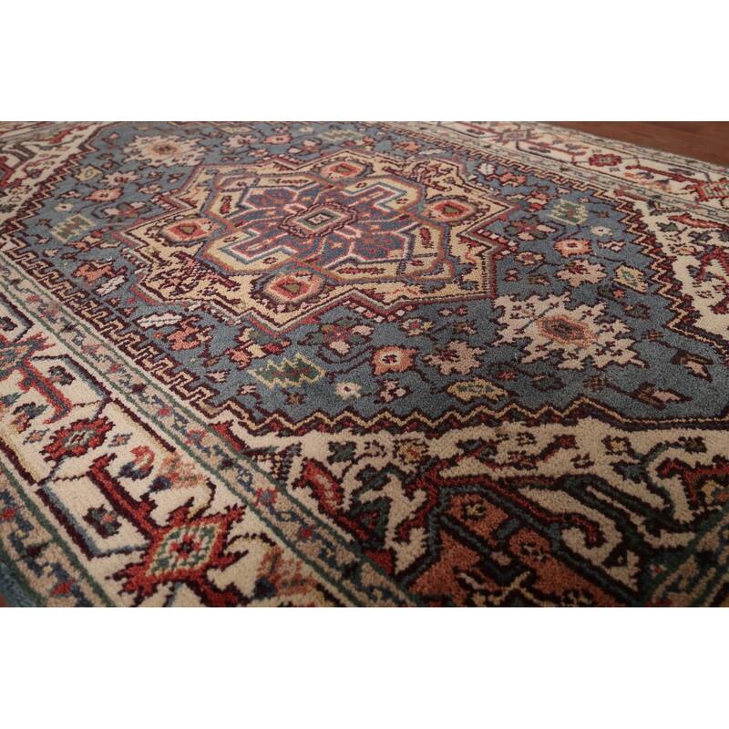 Blue Geometric Heriz Serapi Indian Area Rug Hand-Knotted Wool Carpet - 4'2"x 6'1"