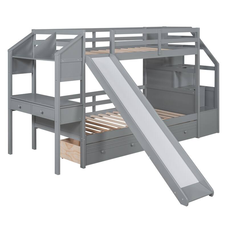 Twin Over Twin Bunk Bed with Storage Staircase, Slide, Drawers, and Desk, Gray