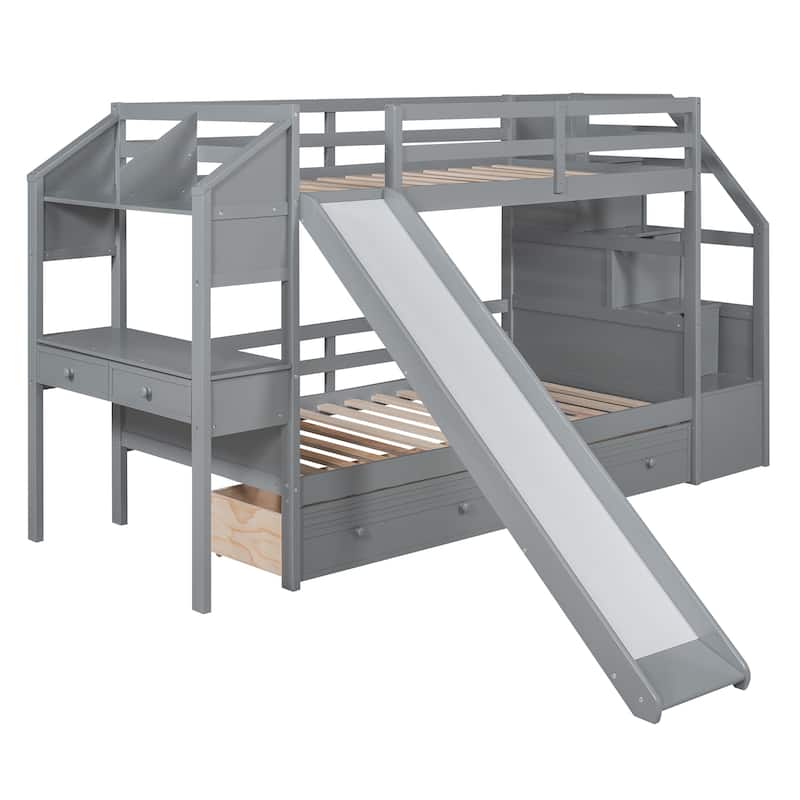 Wooden Bunk Bed w/Desk, Twin Over Twin Bed Frame w/Drawers Slide