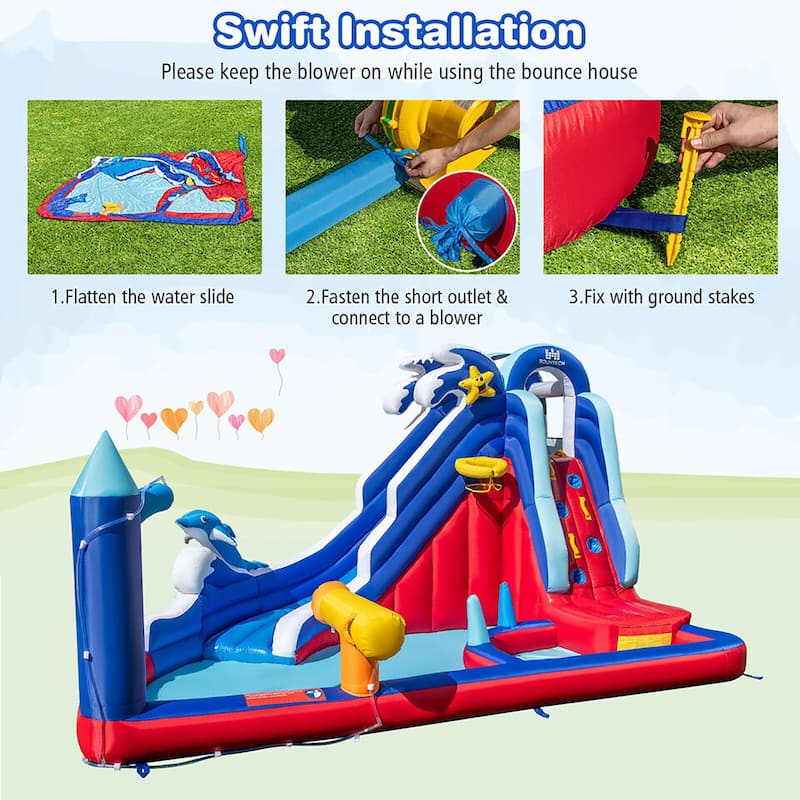 Gymax Inflatable Water Slide Park w/680W Blower Slide 2 Splash Pools