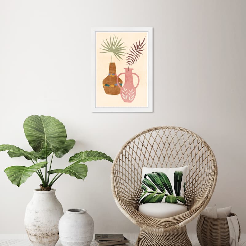 "Minimalist Pots", Boho Pattern Plant Pots Modern & Contemporary Pink Framed Wall Art Print for Dining Room