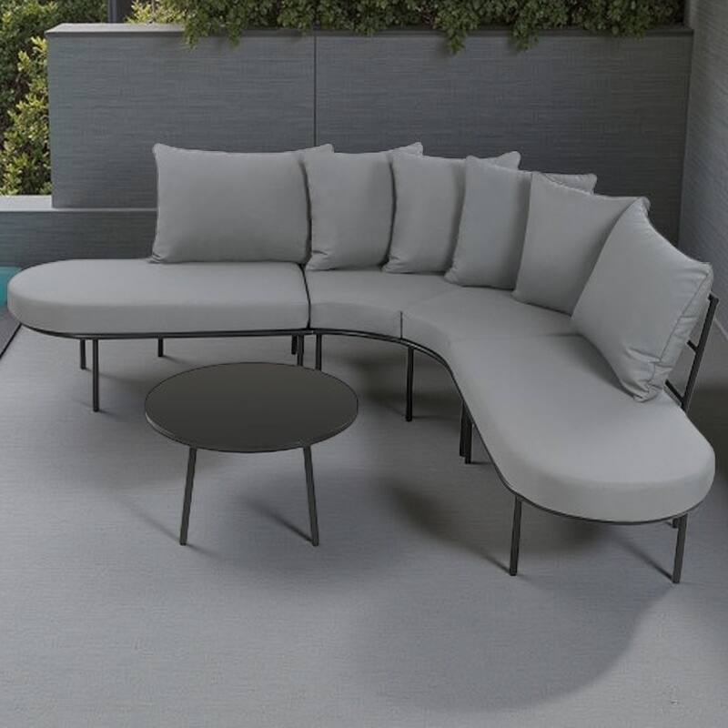 6 Seater Curved Outdoor Conversation Set with Coffee Table, Half-Moon Patio Sofa with Cushions and Iron Frame - Gray