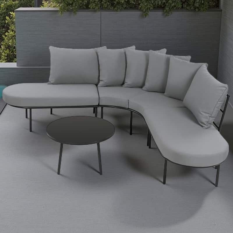 6 Seater Curved Outdoor Conversation Set with Coffee Table, Half-Moon Patio Sofa with Cushions and Iron Frame