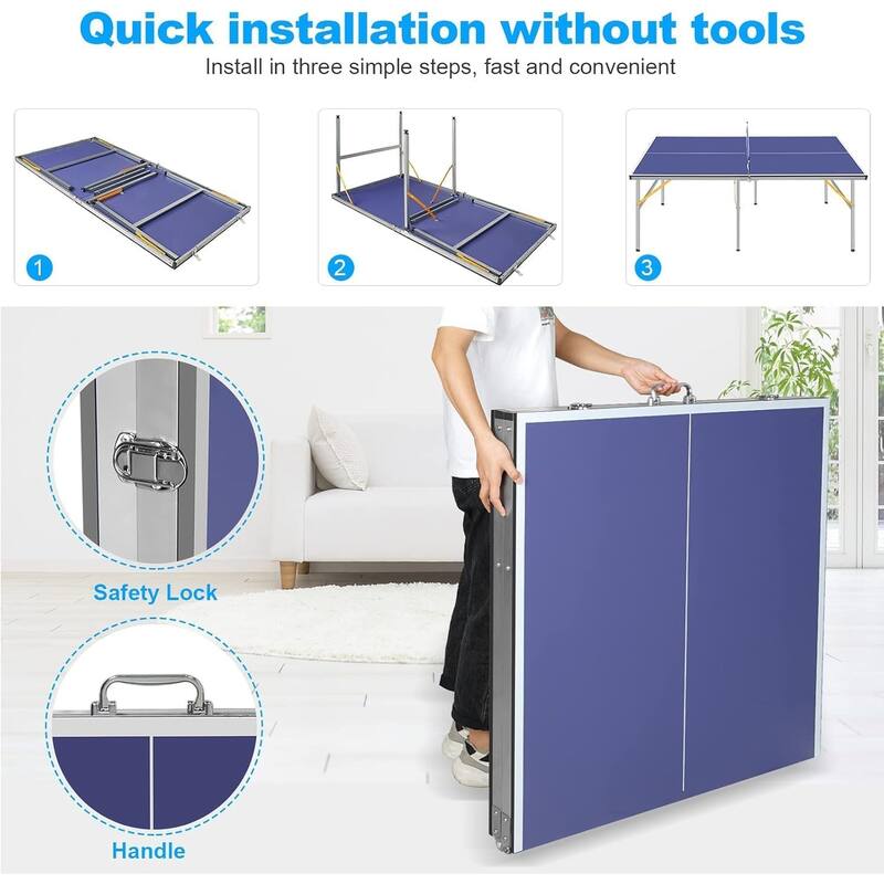 6x3ft Mid-Size Folding Ping Pong Table, Portable Indoor/Outdoor Table Tennis Set with Net, 2 Paddles & 3 Balls