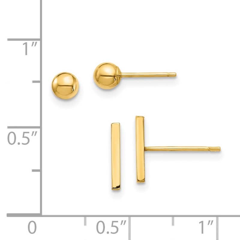 Curata 14k Bar and Ball Post Earrings Set - 9x1mm Wide
