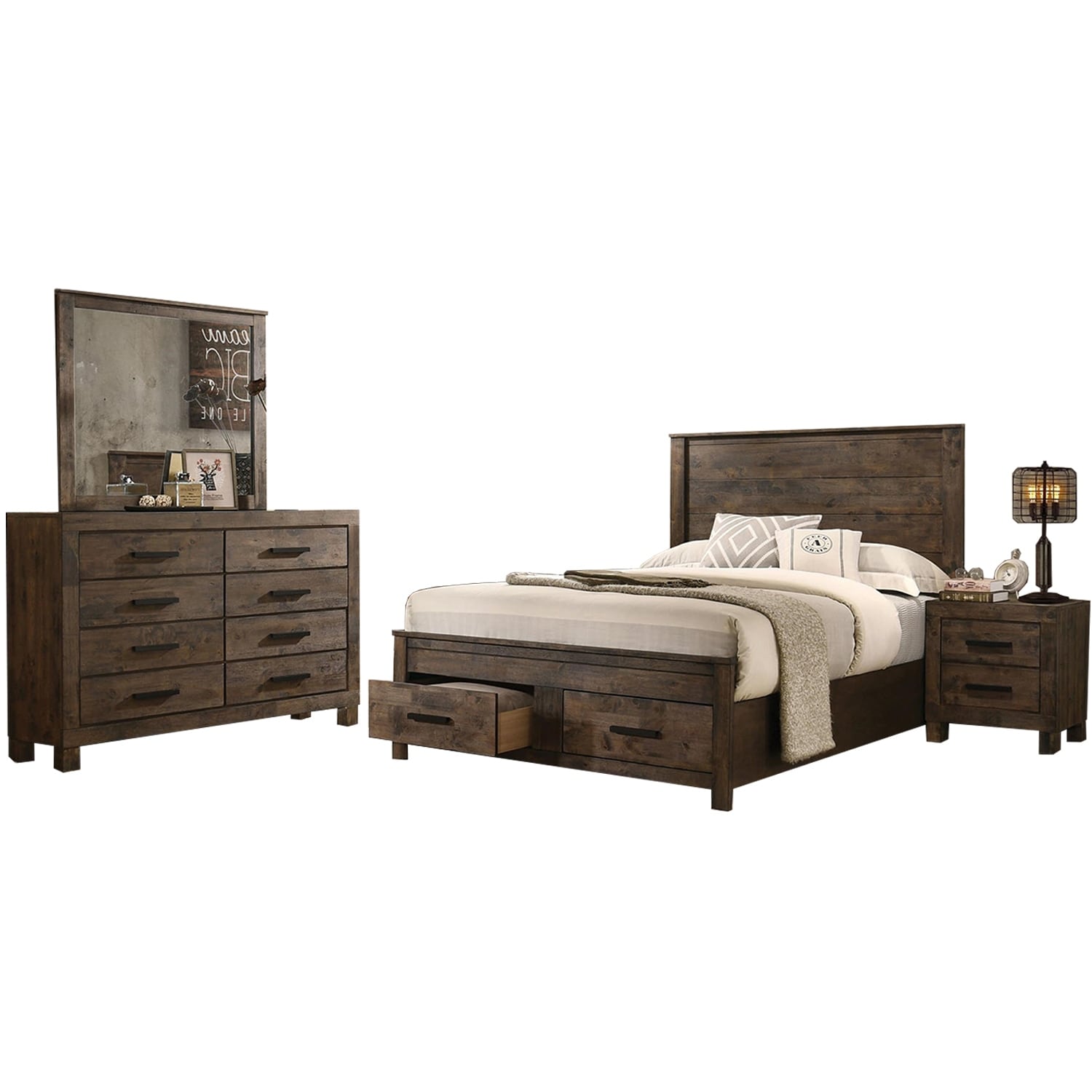 Wooden Storage California King Platform Bedroom Set in Rustic Golden Brown