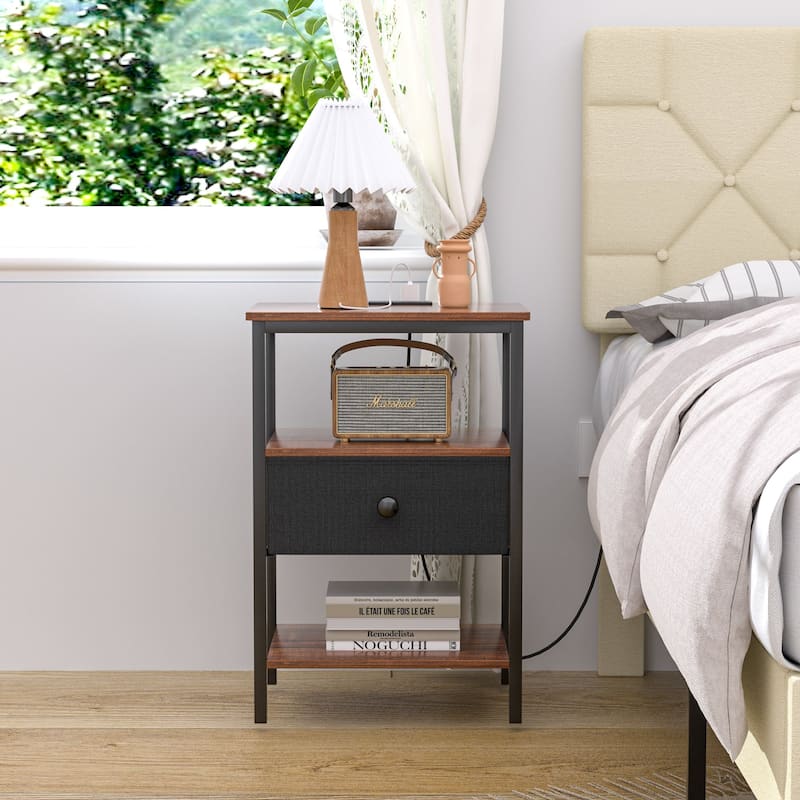 VECELO Nightstand Set with Charging Station 2 AC Outlets & 2 USB Ports 24-Inch High nightstand with Fabric Drawer 2 Open Shelves
