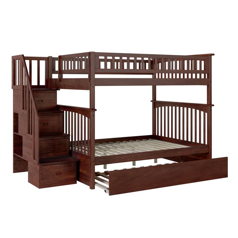 Columbia Staircase Bunk Bed Full over Full with Twin Trundle in Walnut