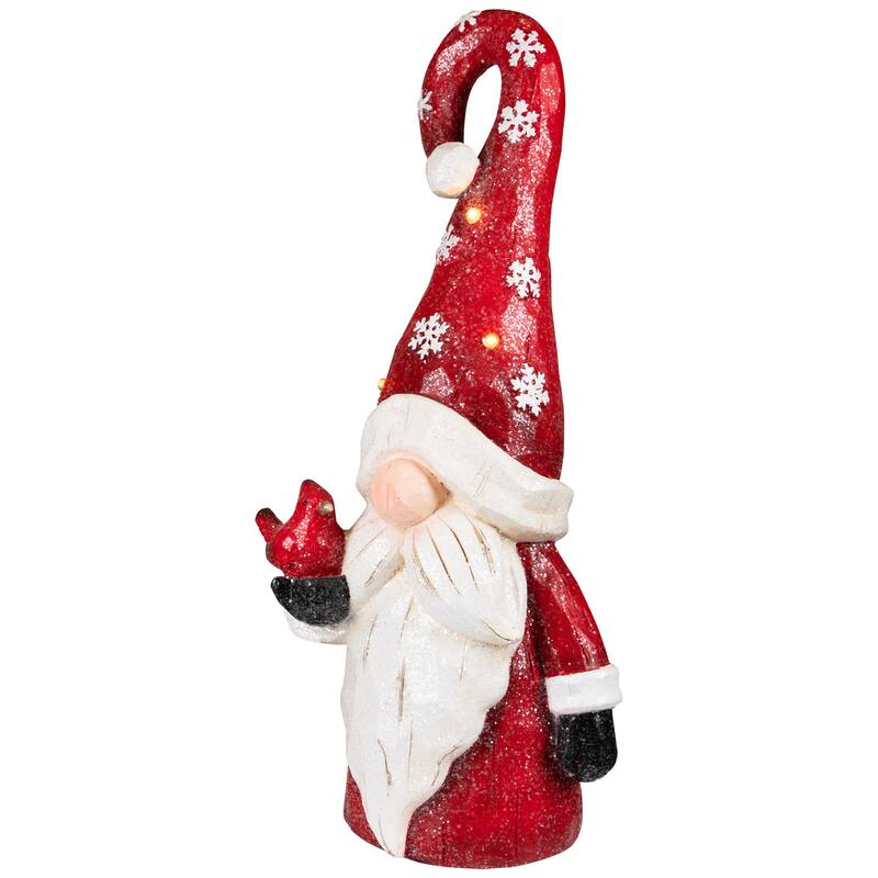 Gnome in Lighted Hat Holding Cardinal Christmas Decoration - 20" - LED Warm White Lights