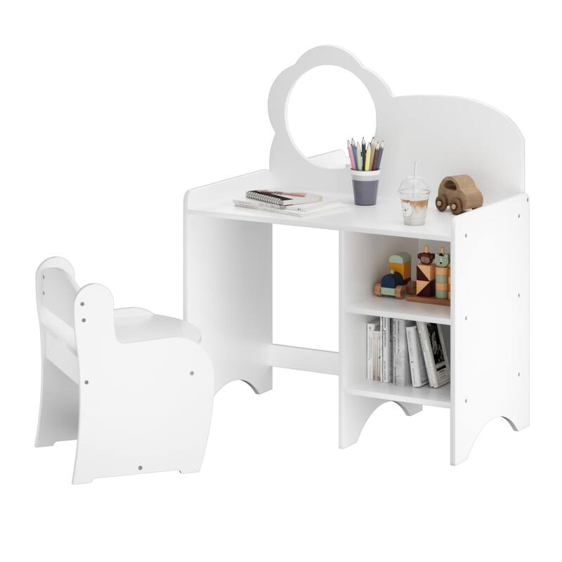 Kids Vanity Table with Mirror and Chair, Wooden Children's Dressing Makeup Desk with Storage Shelves, Study and Activity