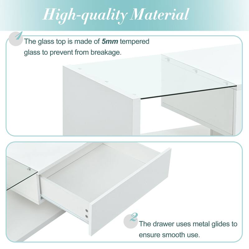 Contemporary Coffee Table with Tempered Glass & Wooden Base, 2-Tier Design, High Gloss UV Surface for Living Room, Black