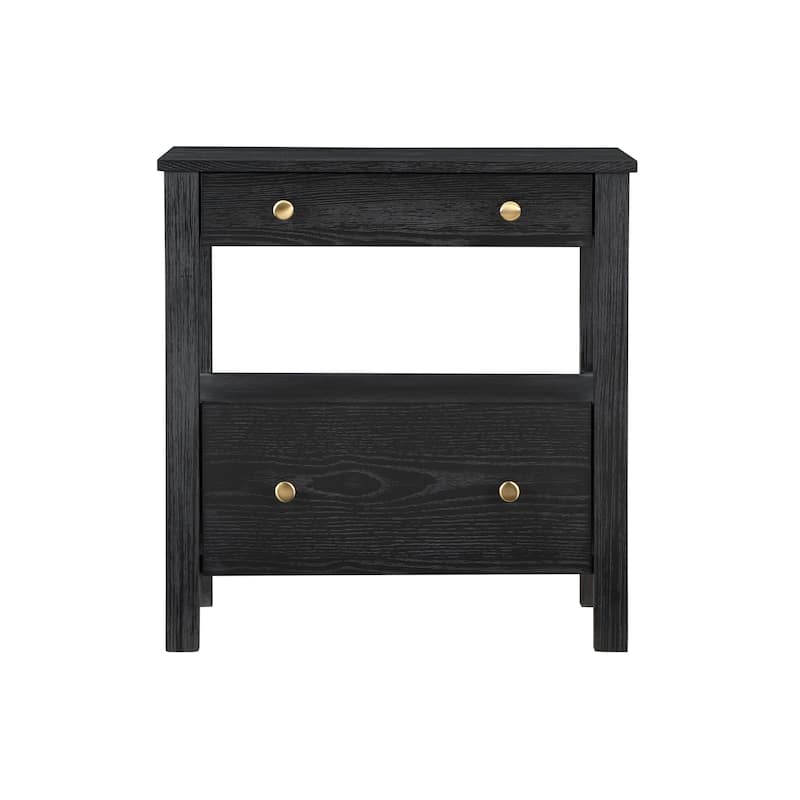 2- Drawer Nightstand with Gold Knobs and Open Shelf Modern Design