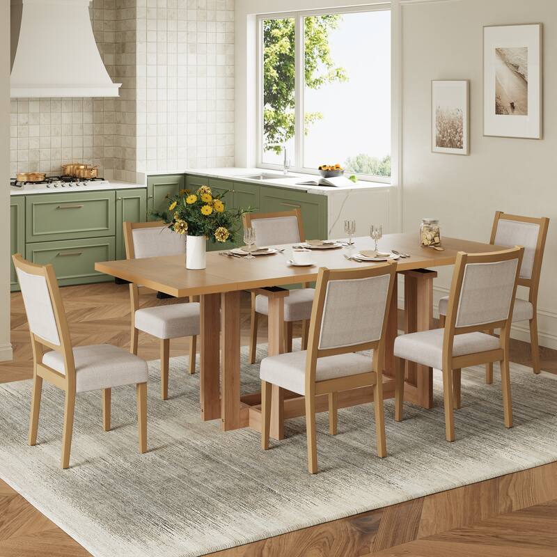 82" Rustic Extendable Dining Table Set: 7-Piece Trestle Table with 6 Upholstered Chairs & 2 Removable Leaves